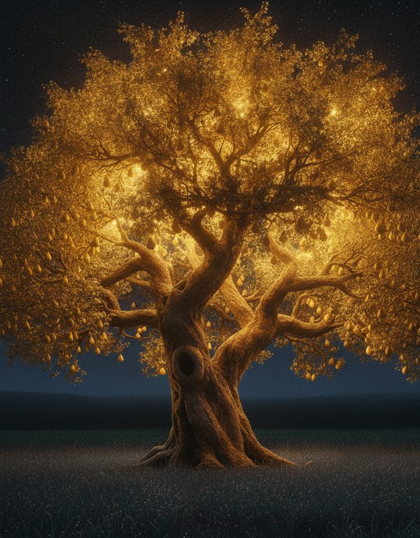 Golden glühender Birnbaum bei Nacht unter Sternenhimmel.