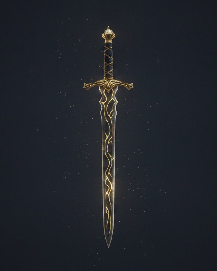 Aletheia, eine schlanke Klinge aus dunklem Sternenmetall, durchzogen von goldenen Lichtadern