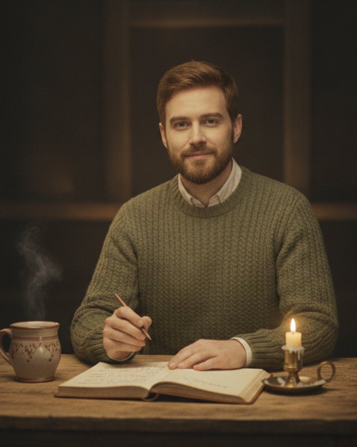 Jakob Steinberg, der Chronist, am Tisch über seinen Aufzeichnungen
