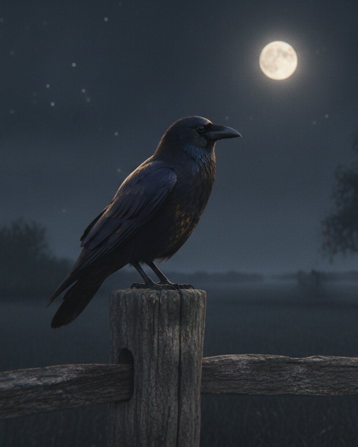 Eine Krähe auf einem Zaunpfahl, über ihr der Mond