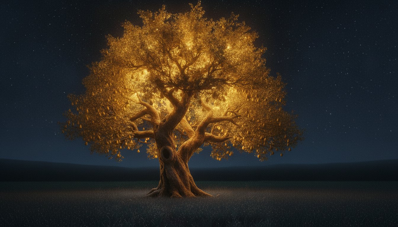 Der alte Birnbaum bei Nacht unter dem Sternenhimmel, seine Krone glüht golden von innen, ohne dass sein Licht die dunkle Wiese berührt