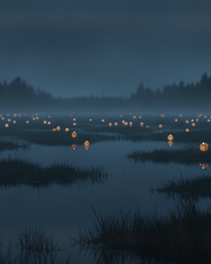 Goldene Lichter ziehen im Abendnebel über Wiesen und stille Wasser des Bruchs