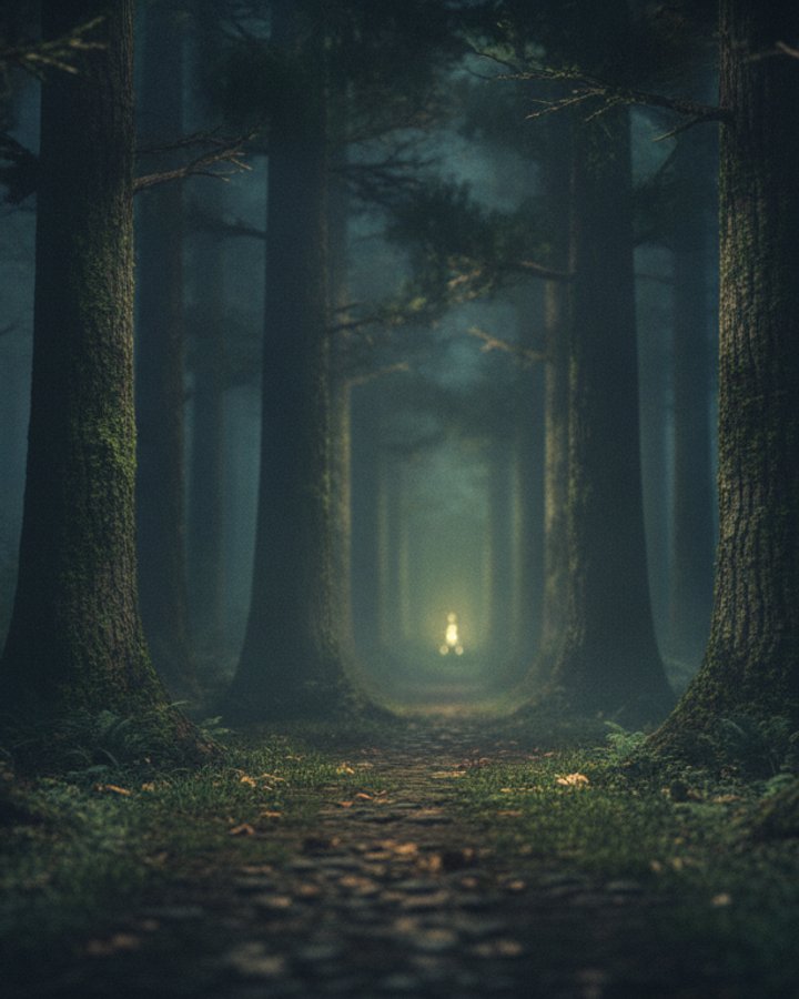 Ein nächtlicher Wald mit schmalem Pfad, in dessen Tiefe ein kleines Licht glimmt; der Ort scheint zu lauschen